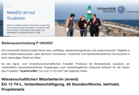 Stellenausschreibung der AUF/Universität Rostock für das WKF-Projekt „HydroForMix“. Foto: Screenshot Stellenausschreibungen Universität Rostock